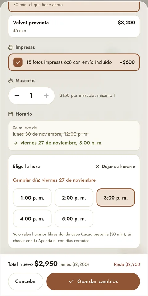 App de Liz Limón Photo: cambio de horario de una sesión con el total recalculado, con datos de prueba