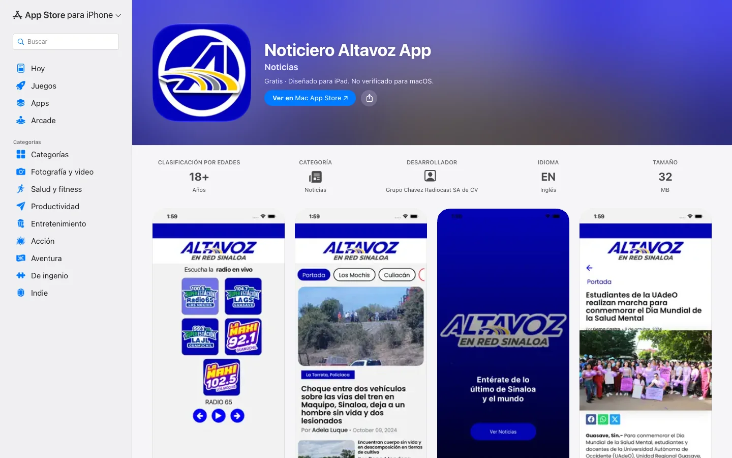 Ficha de la app Noticiero Altavoz en la tienda de aplicaciones, con pantallas de la radio y las noticias.