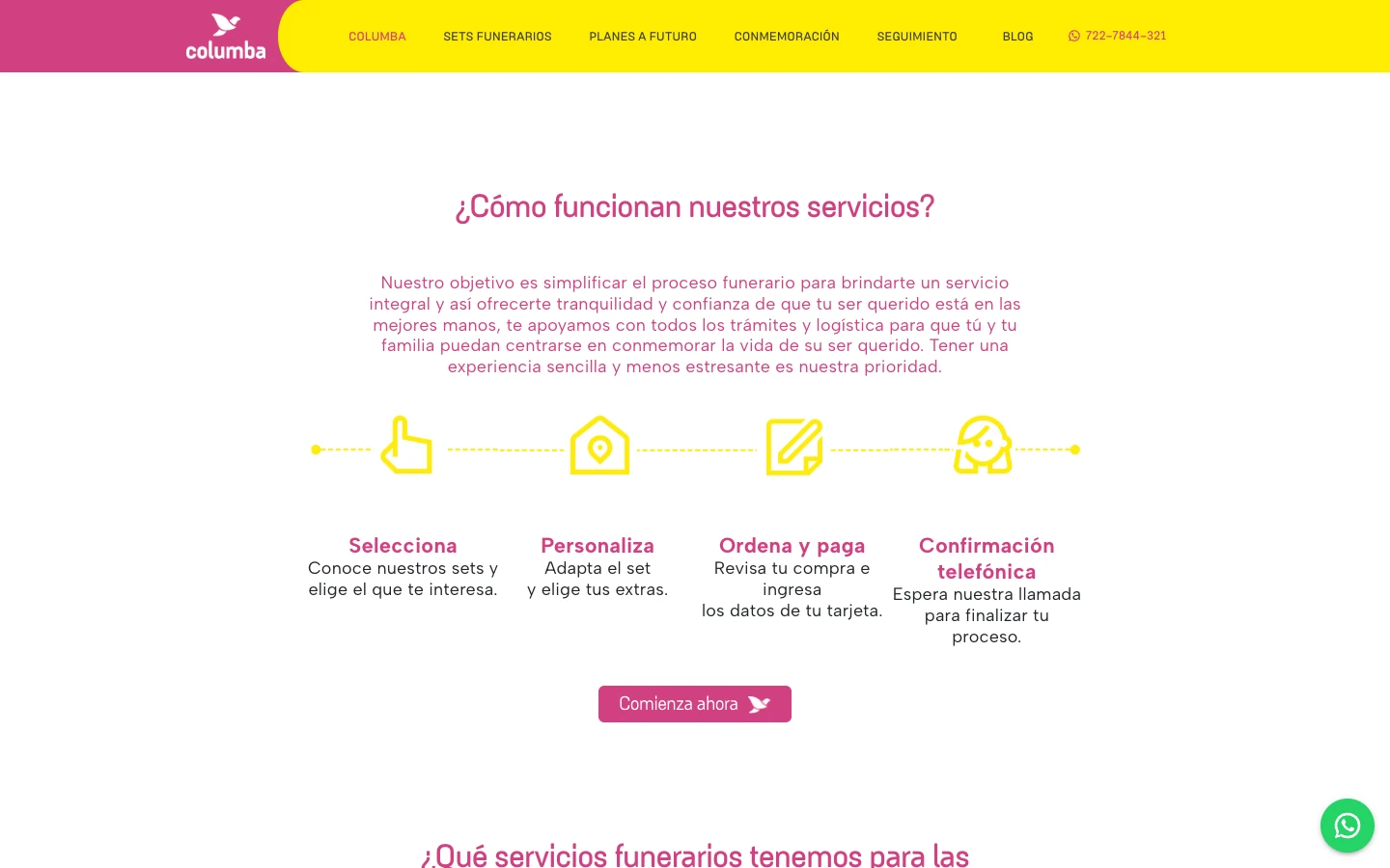 Los cuatro pasos para contratar en Columba: selecciona, personaliza, ordena y paga, confirmación telefónica.