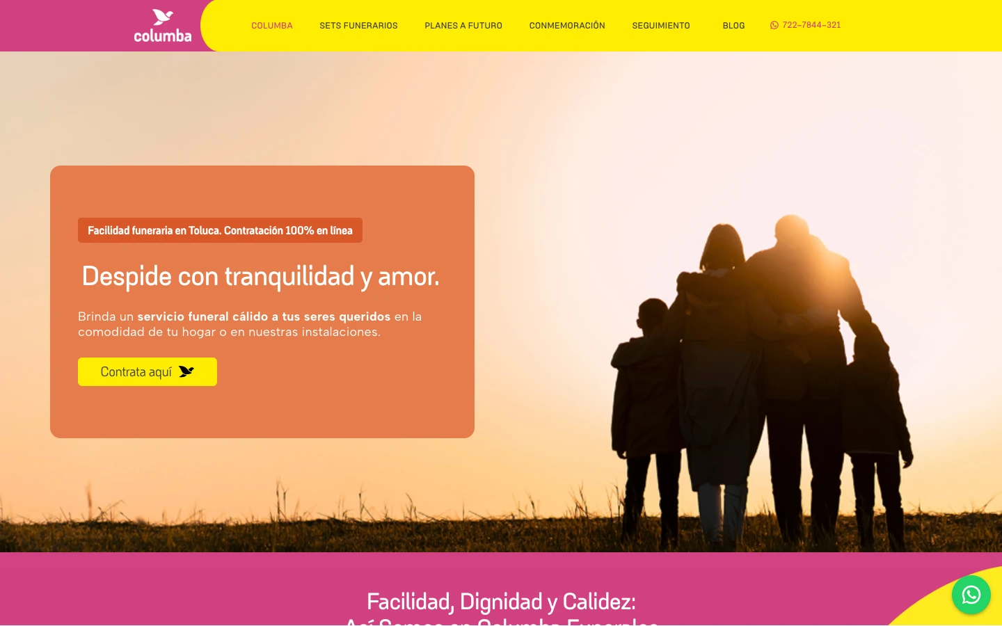 Portada de Columba Funerales con su identidad de rosa y amarillo y la propuesta de contratar en línea.
