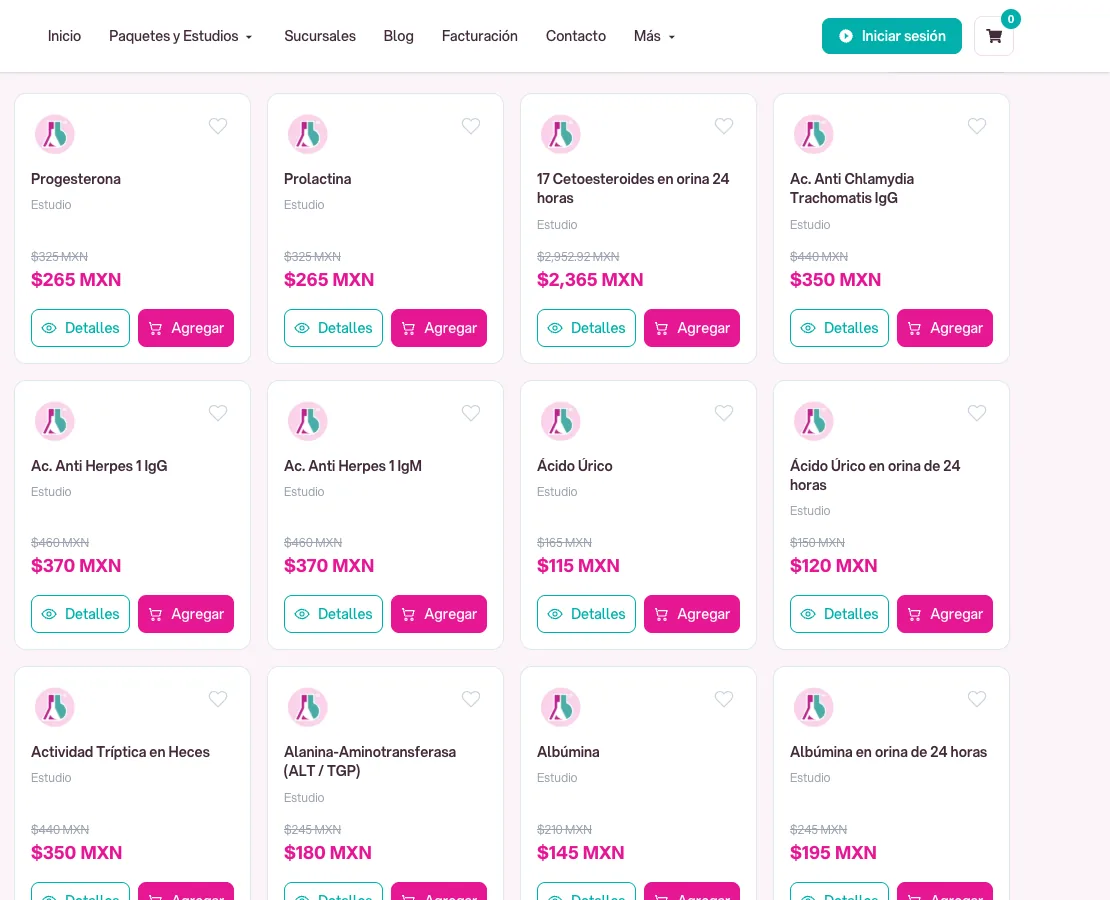 Catálogo de estudios del laboratorio con precio y botón para agregar al carrito.