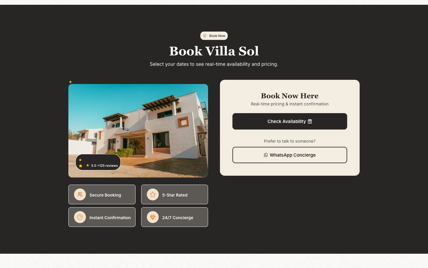 Bloque de reserva de una villa: elige fechas para ver disponibilidad y precios.