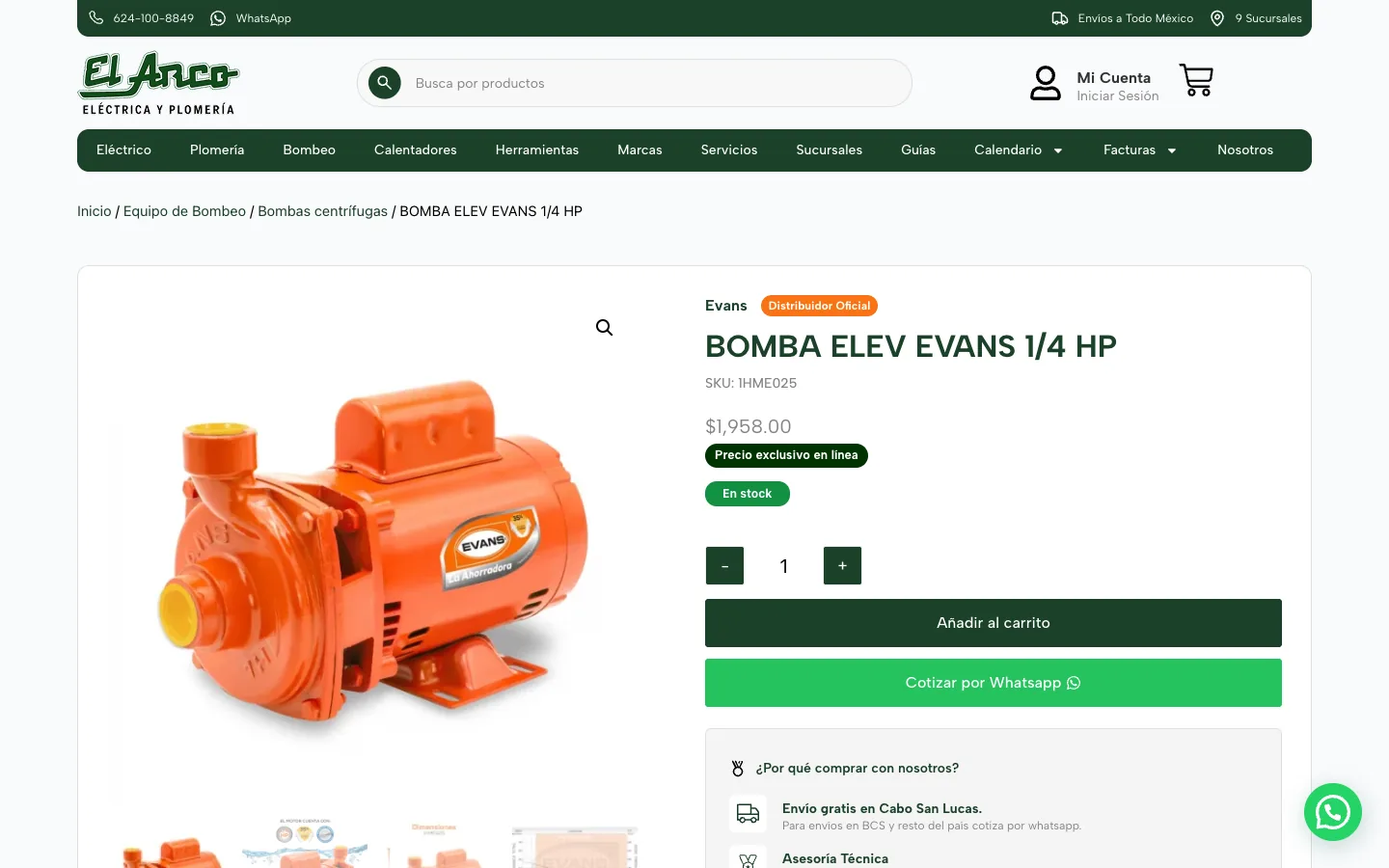 Ficha de producto con SKU, precio, existencia, carrito y botón para cotizar por WhatsApp.