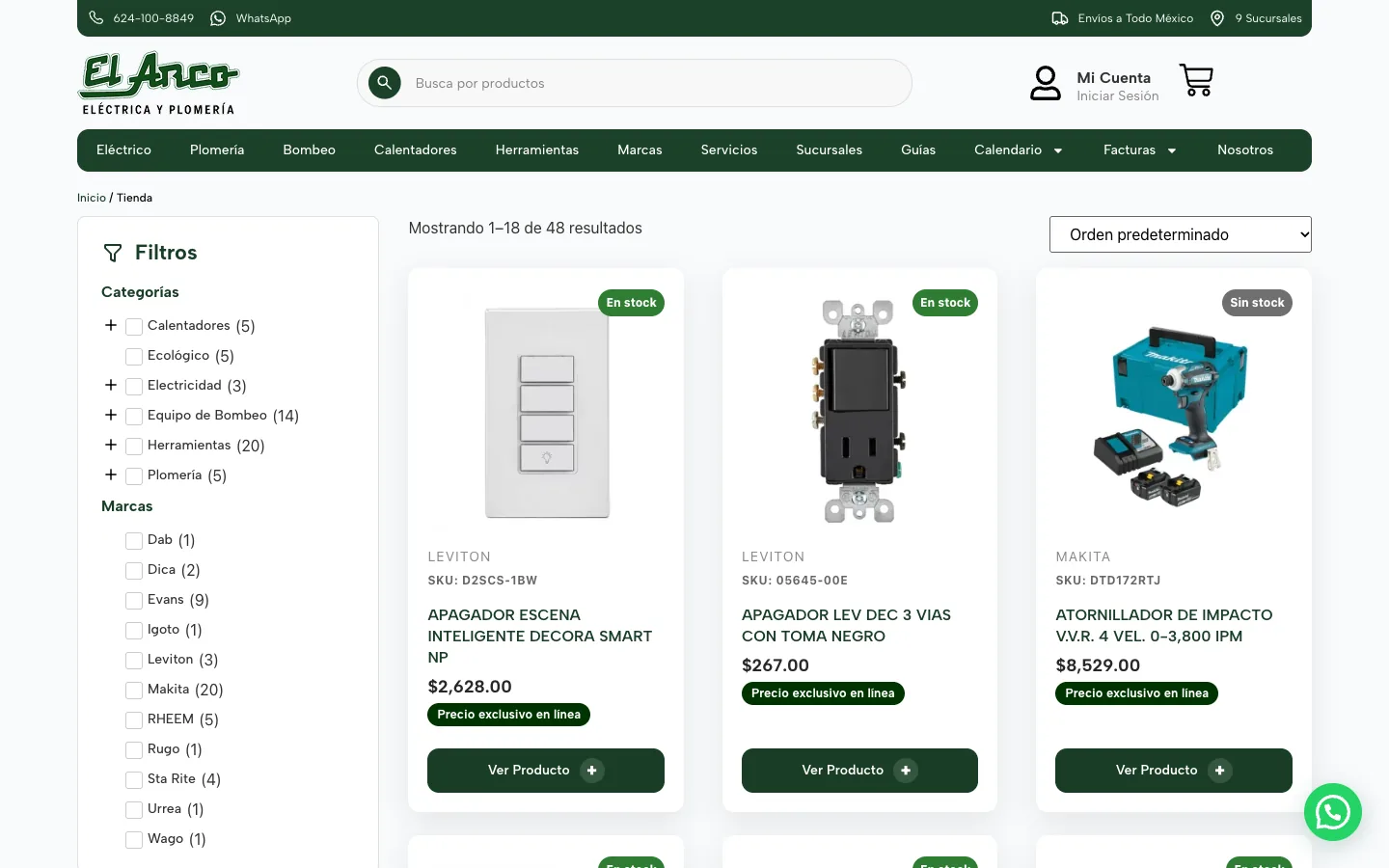 Tienda de El Arco con filtros por categoría y marca, SKU, precio e insignia En stock.