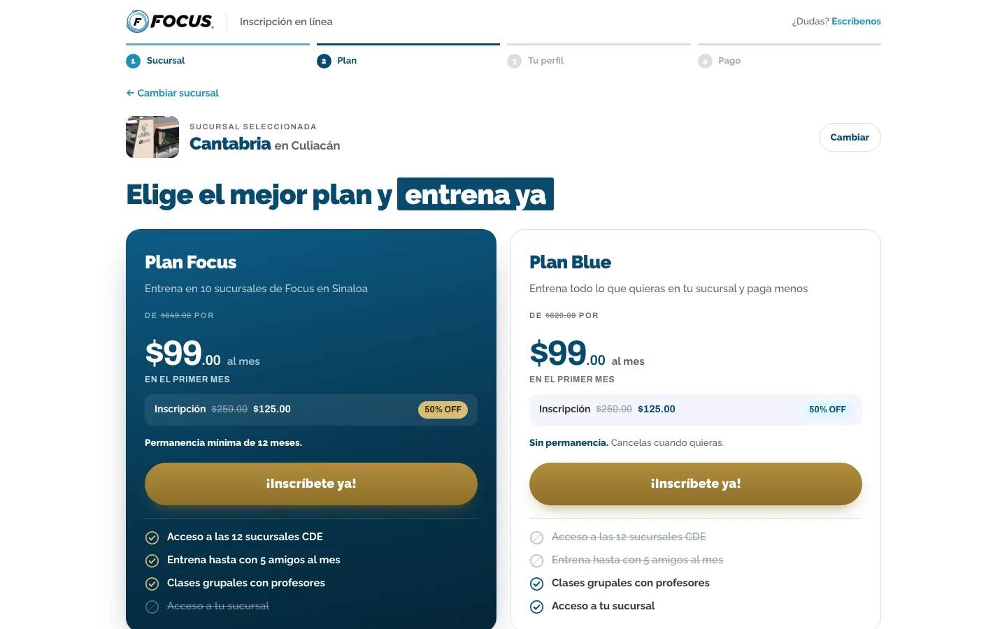 Segundo paso: el cliente compara los planes de su sucursal y elige uno.