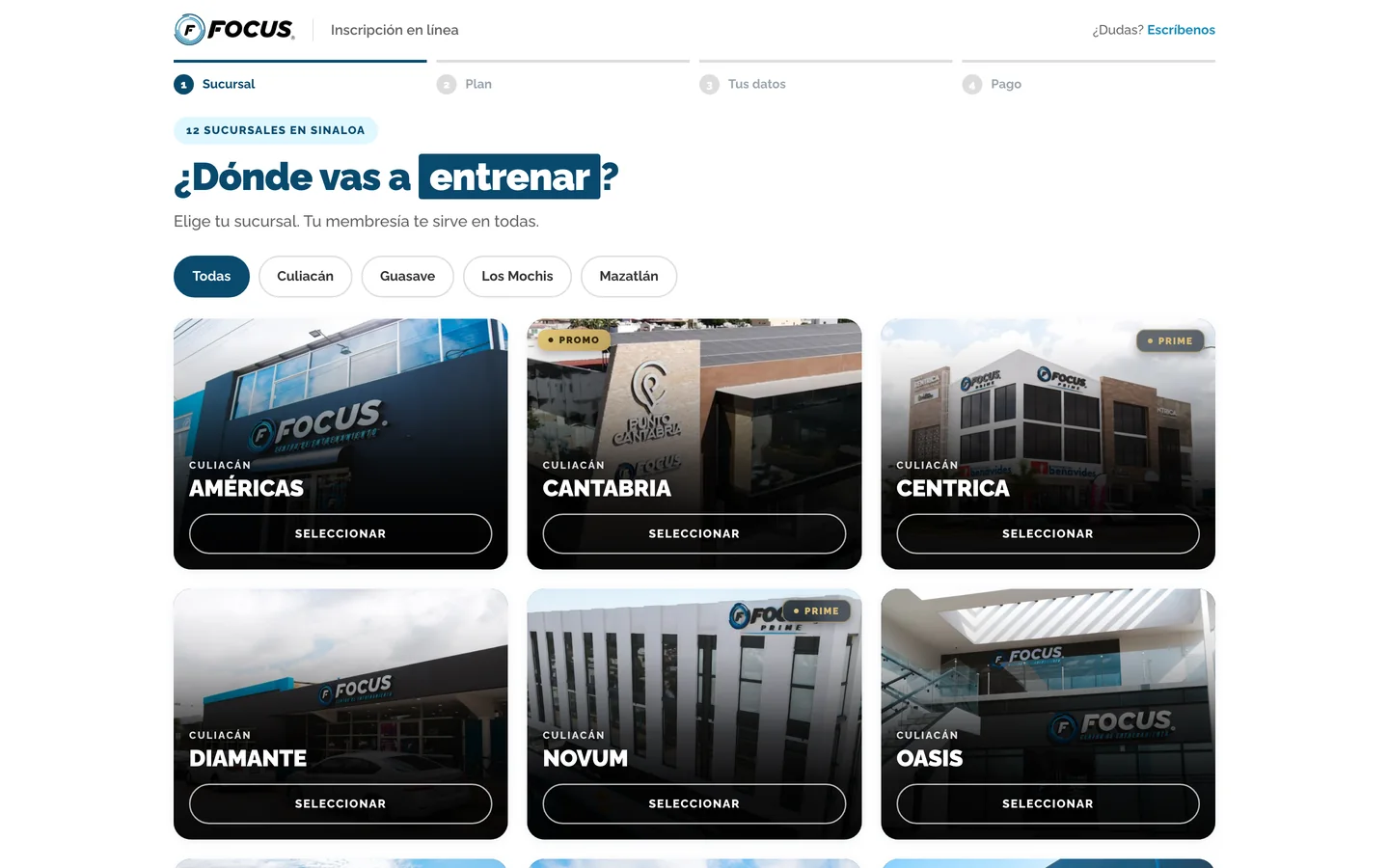 Primer paso de la inscripción en línea: el cliente elige su sucursal entre las de Sinaloa.