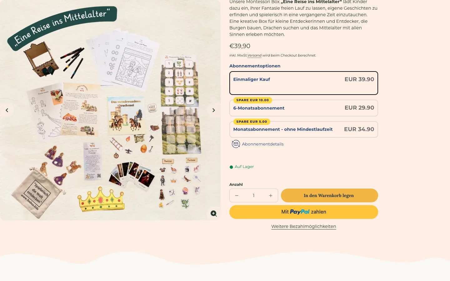 Producto de la tienda Shopify en alemán con las opciones de compra única, suscripción de seis meses y mensual.