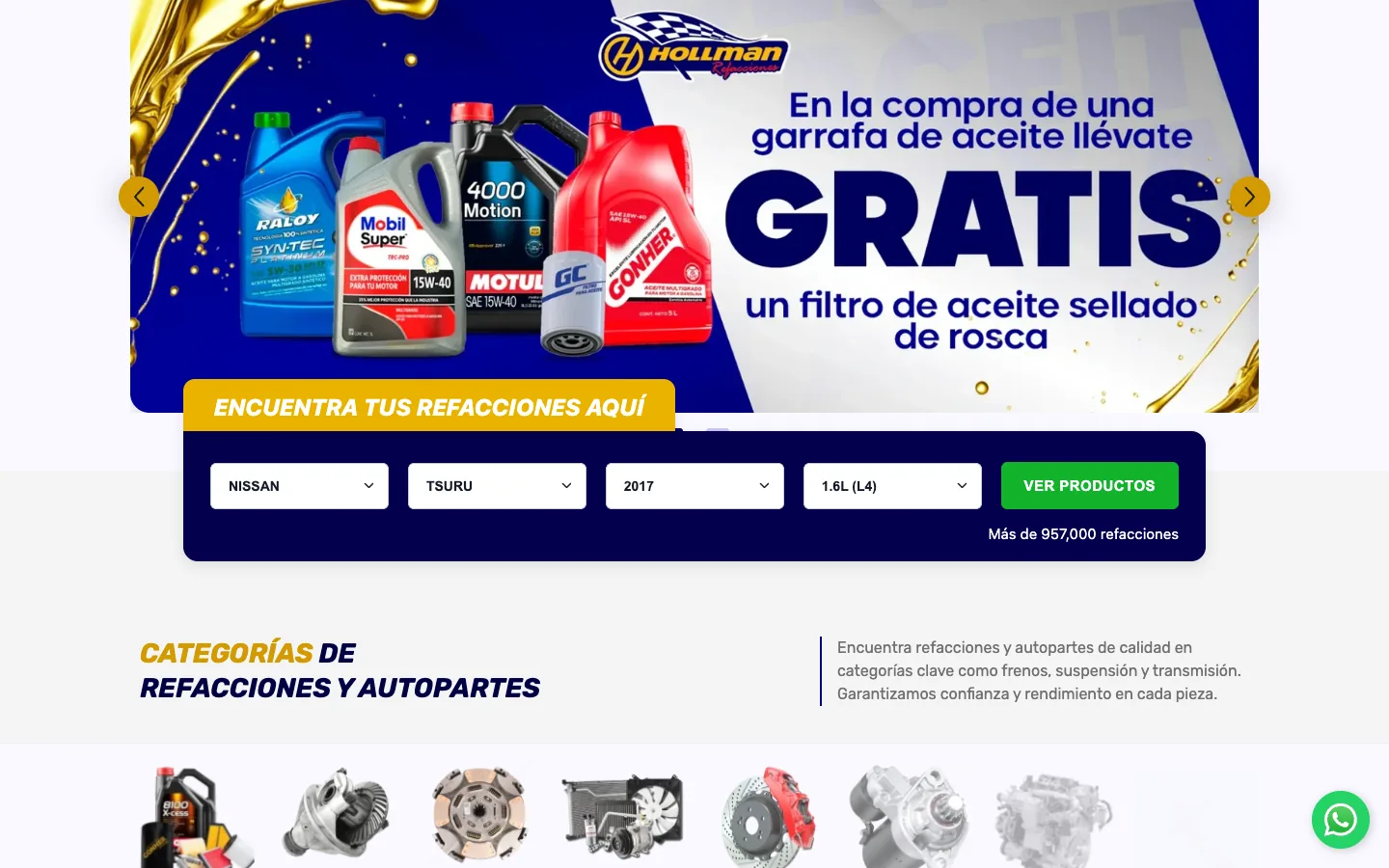 Portada de la tienda Shopify de Hollman con el buscador de refacciones por marca, modelo, año y motor.