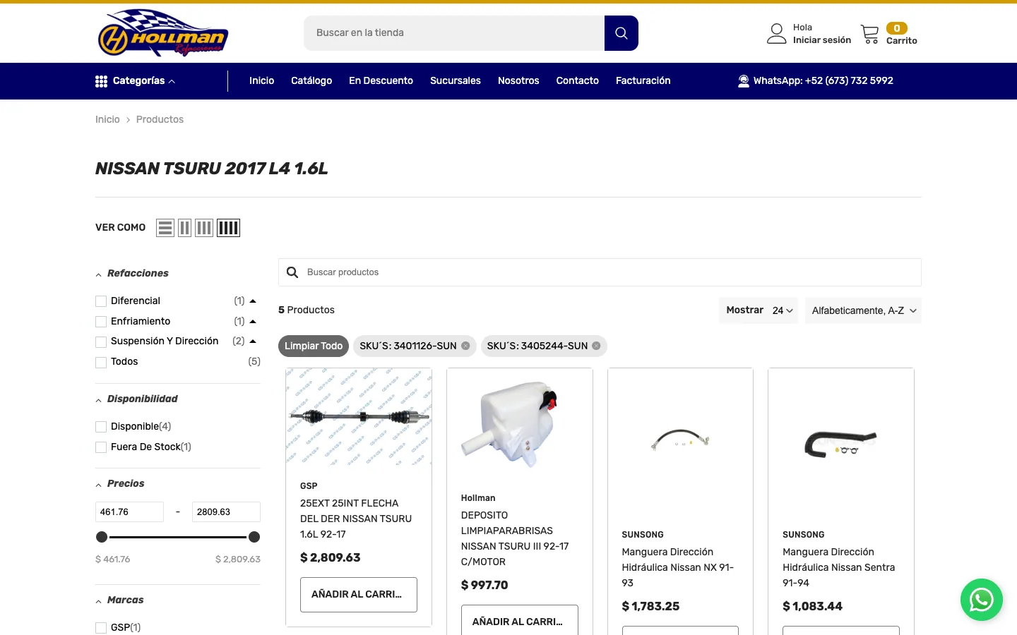 Resultados de una búsqueda por vehículo, con filtros de disponibilidad, marca y precio.