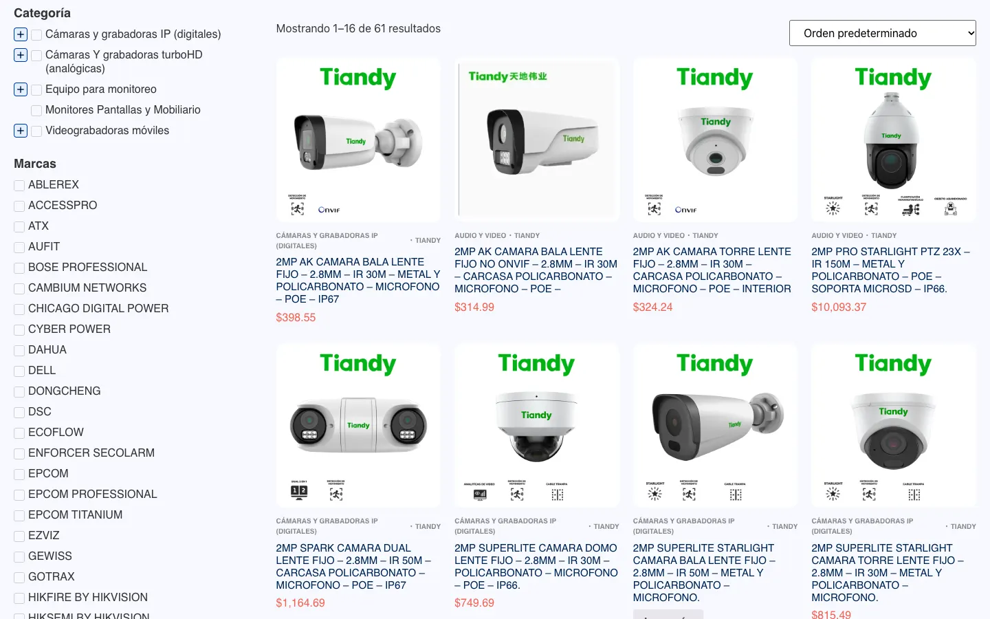 Categoría de videovigilancia de la tienda Intrax con filtros por marca y catálogo de productos.
