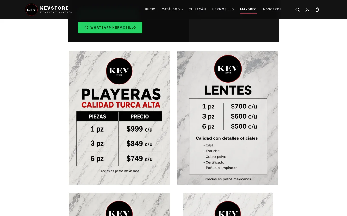 Tablas de precio por volumen de Kevstore: 1, 3 y 6 piezas por categoría (playeras, lentes, bolsos, perfumes).