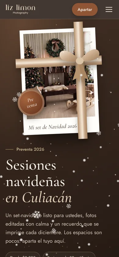 Portada de la página pública de sesiones navideñas en el celular, con el botón Apartar.
