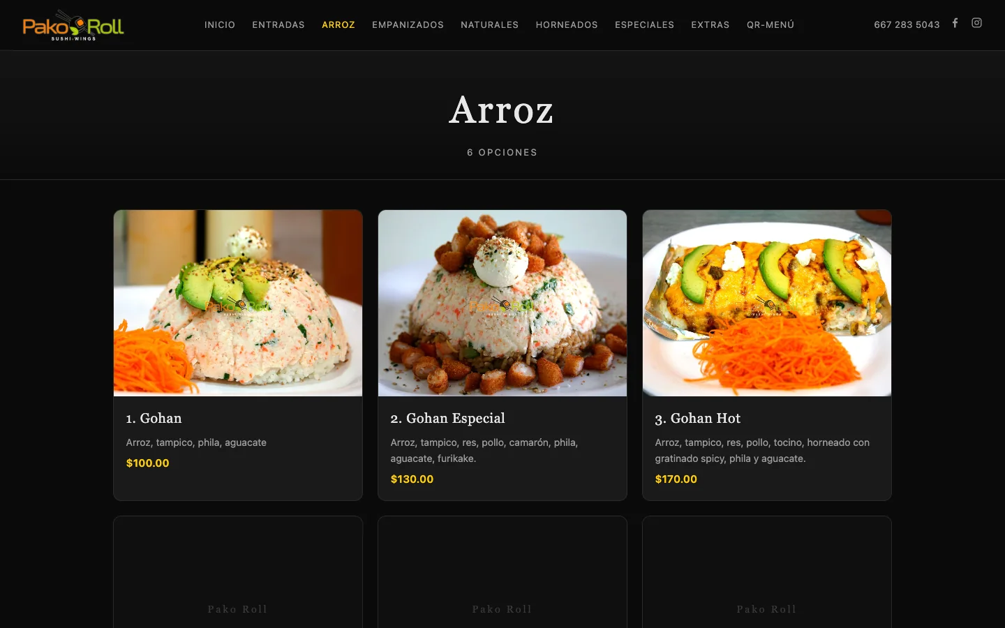 Categoría Arroz del menú digital en escritorio.
