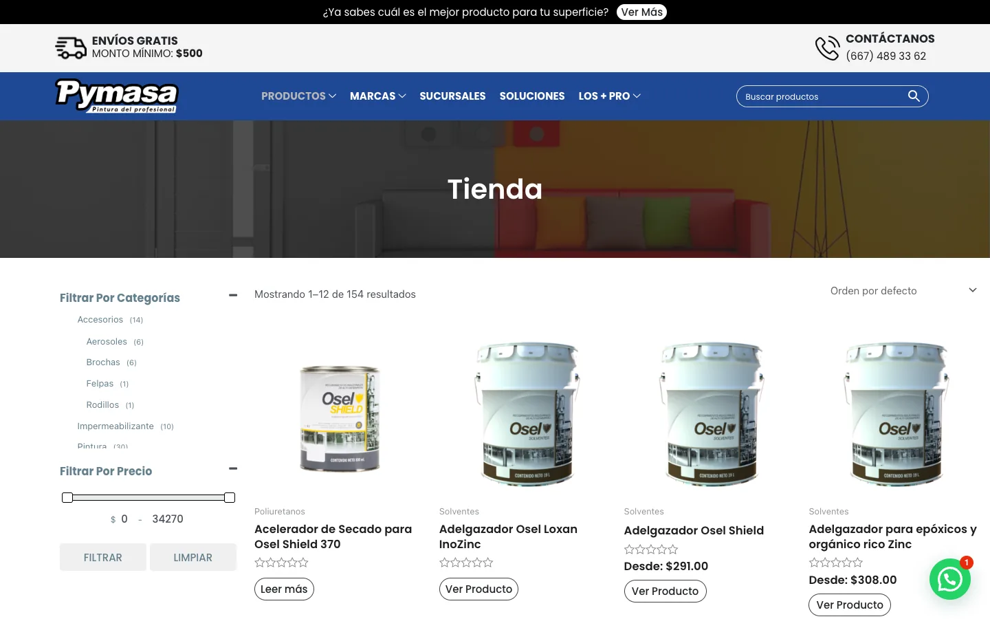 Tienda de Pinturas Pymasa con filtros por categoría y precio y catálogo de productos.