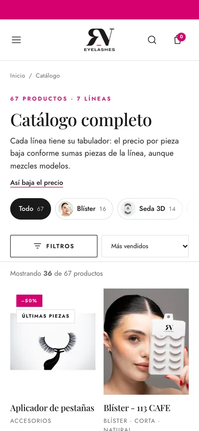 Catálogo completo con filtros por línea y largo. (celular)