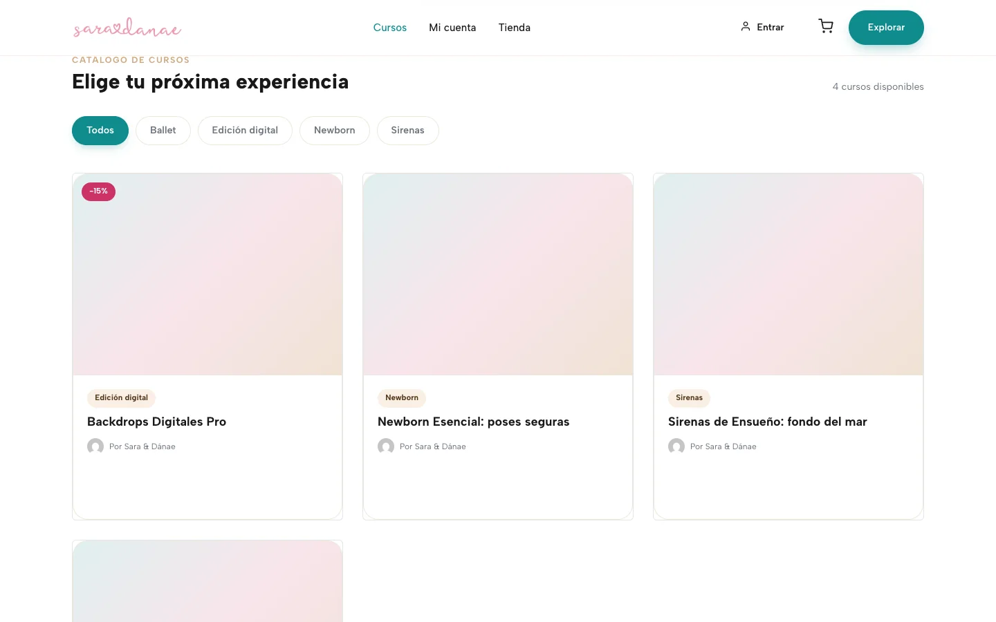 Catálogo de cursos de la plataforma, con filtros por categoría.
