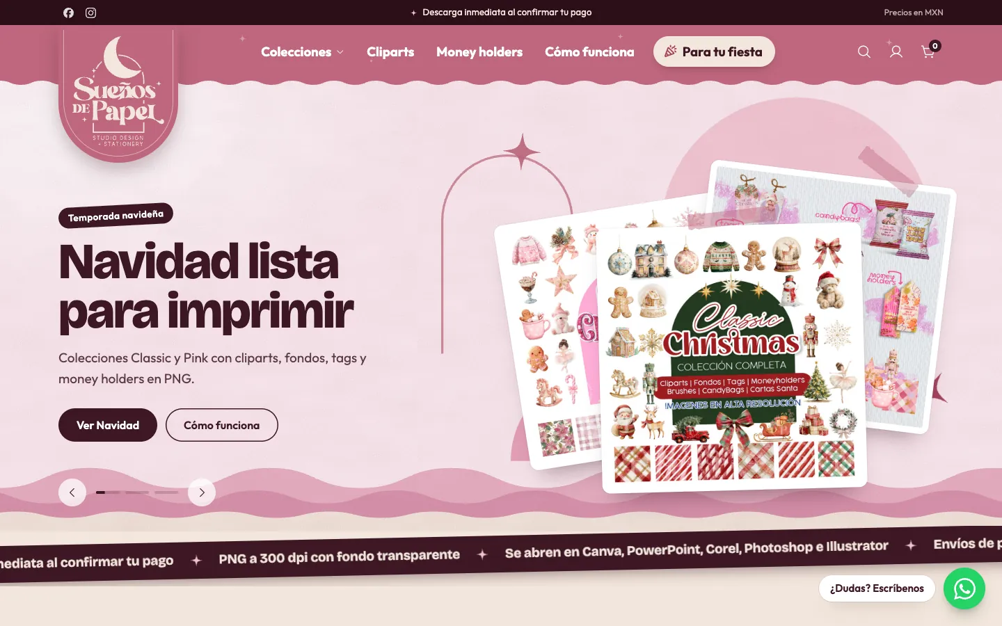 Prototipo de la plataforma de Sueños de Papel: portada con colecciones listas para imprimir.