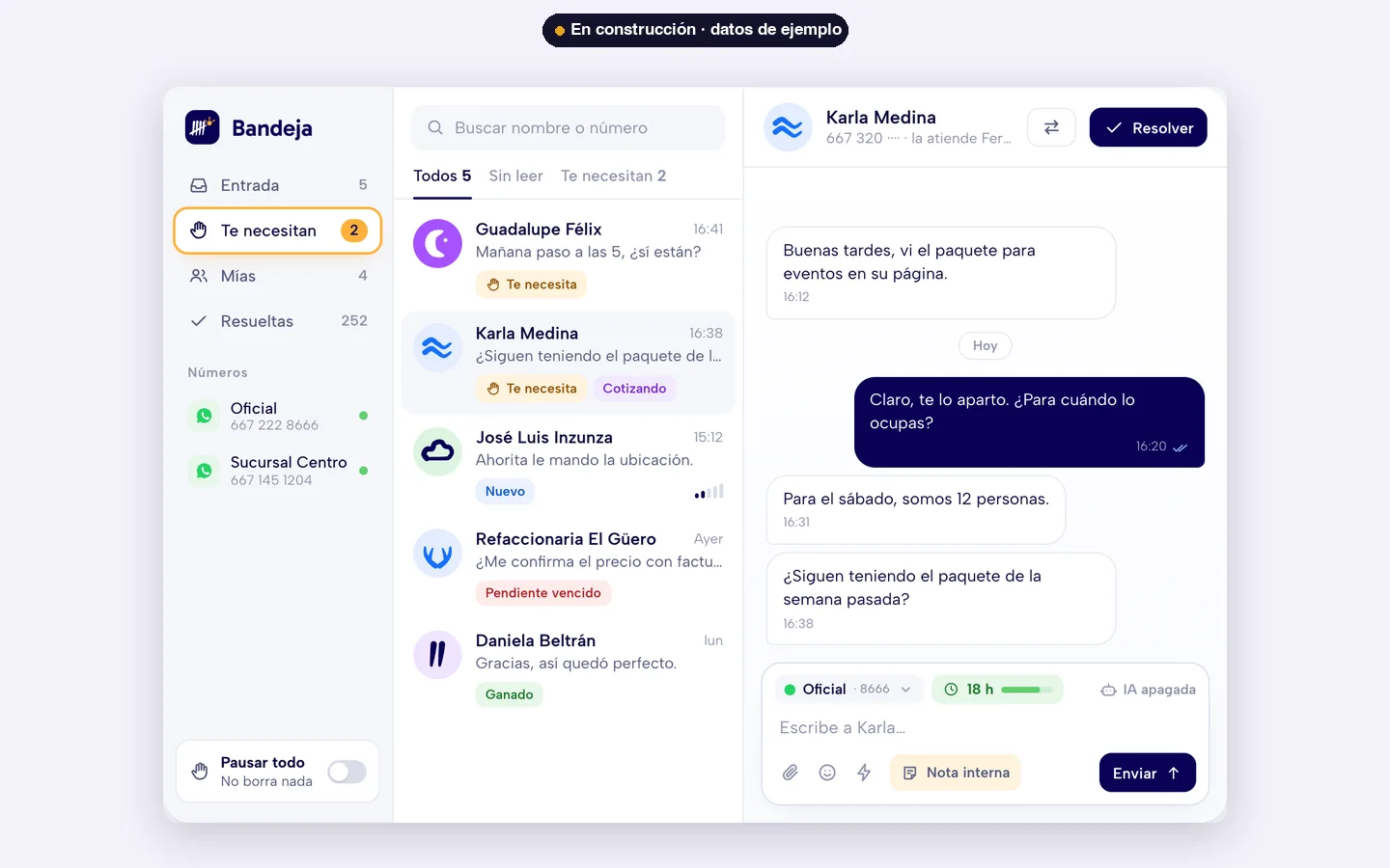 Bandeja de Tally: chats de WhatsApp con filtros "te necesitan", números y respuesta con nota interna.