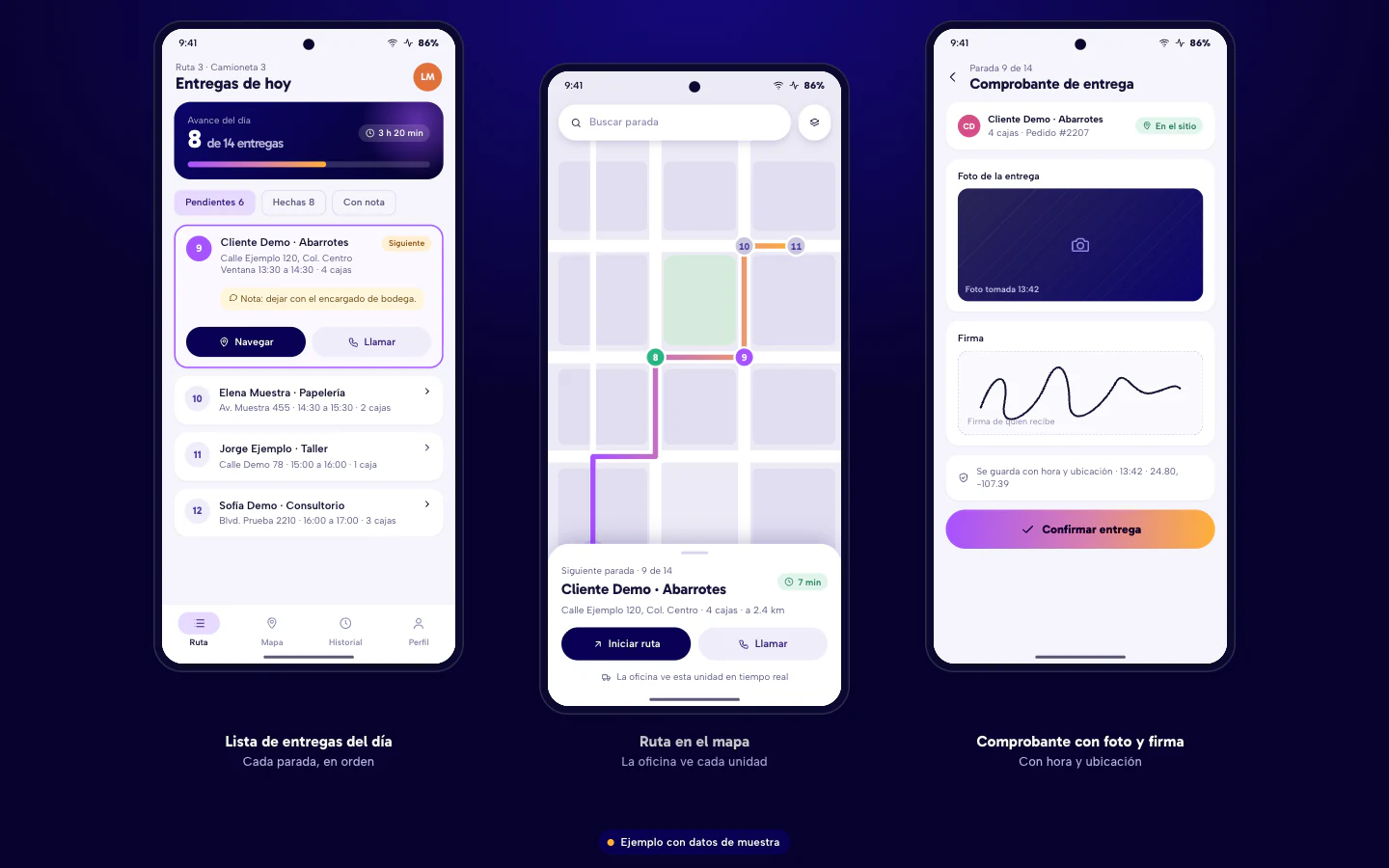 Ejemplo de app de Android para repartidores: lista de entregas del día, ruta en el mapa y comprobante con foto y firma. Datos de muestra.