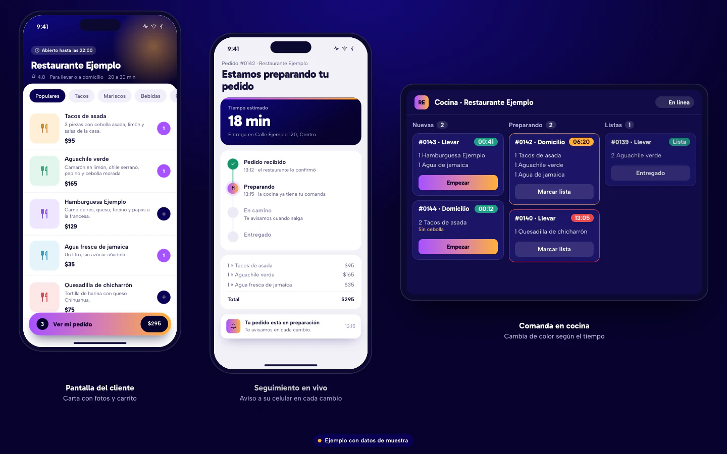 Ejemplo de app de pedidos para un restaurante: carta en el celular del cliente, seguimiento del pedido y pantalla de comandas en cocina. Datos de muestra.