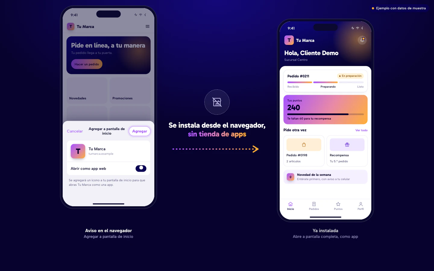 Ejemplo de una app web instalable: el aviso Agregar a pantalla de inicio en el navegador del celular y la app ya instalada abriendo a pantalla completa, sin pasar por una tienda de apps. Datos de muestra.