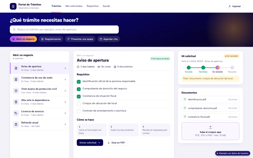 Ejemplo de portal de trámites de una dependencia: lista de trámites, requisitos, estatus de la solicitud y carga de documentos. Diseño genérico, datos de muestra.