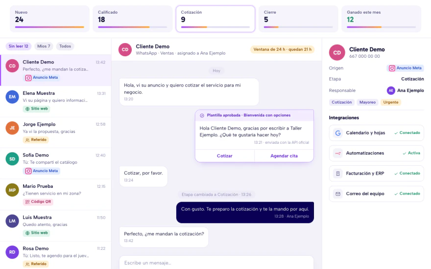 Ejemplo de bandeja de un CRM con WhatsApp API oficial: embudo por etapas, conversación con una plantilla aprobada, etiqueta de origen del contacto e integraciones con otras herramientas. Datos de muestra.