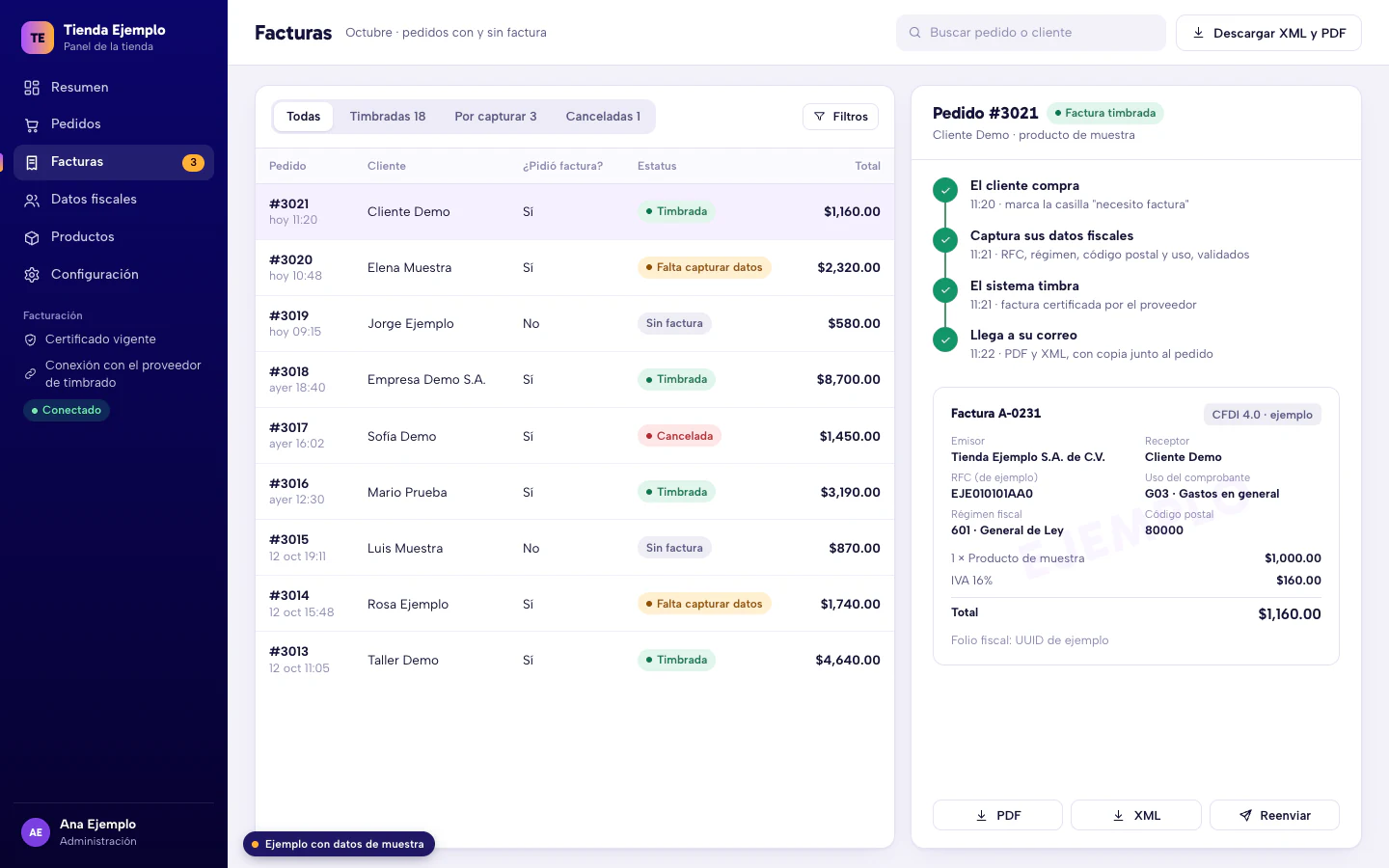 Ejemplo de facturación CFDI conectada a una tienda: pedidos con su estatus de factura y el recorrido de una factura timbrada. Datos de muestra, RFC de ejemplo.