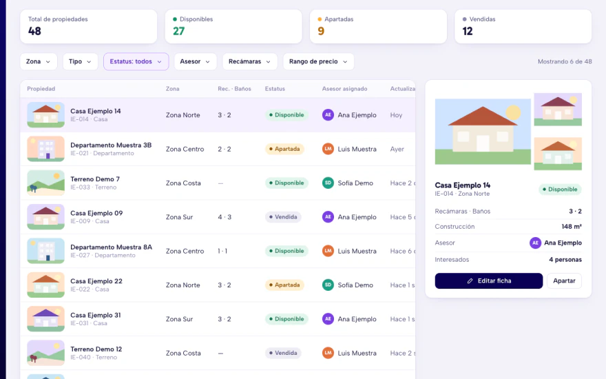 Ejemplo de portal inmobiliario interno: tabla de propiedades con foto de ejemplo, estatus disponible, apartada o vendida, asesor asignado, filtros y ficha de la propiedad. Datos de muestra.