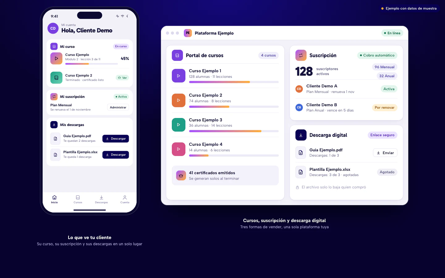 Ejemplo de plataforma con portal de cursos, suscripción y descarga digital, junto con la vista de cuenta de un cliente en el celular. Datos de muestra.
