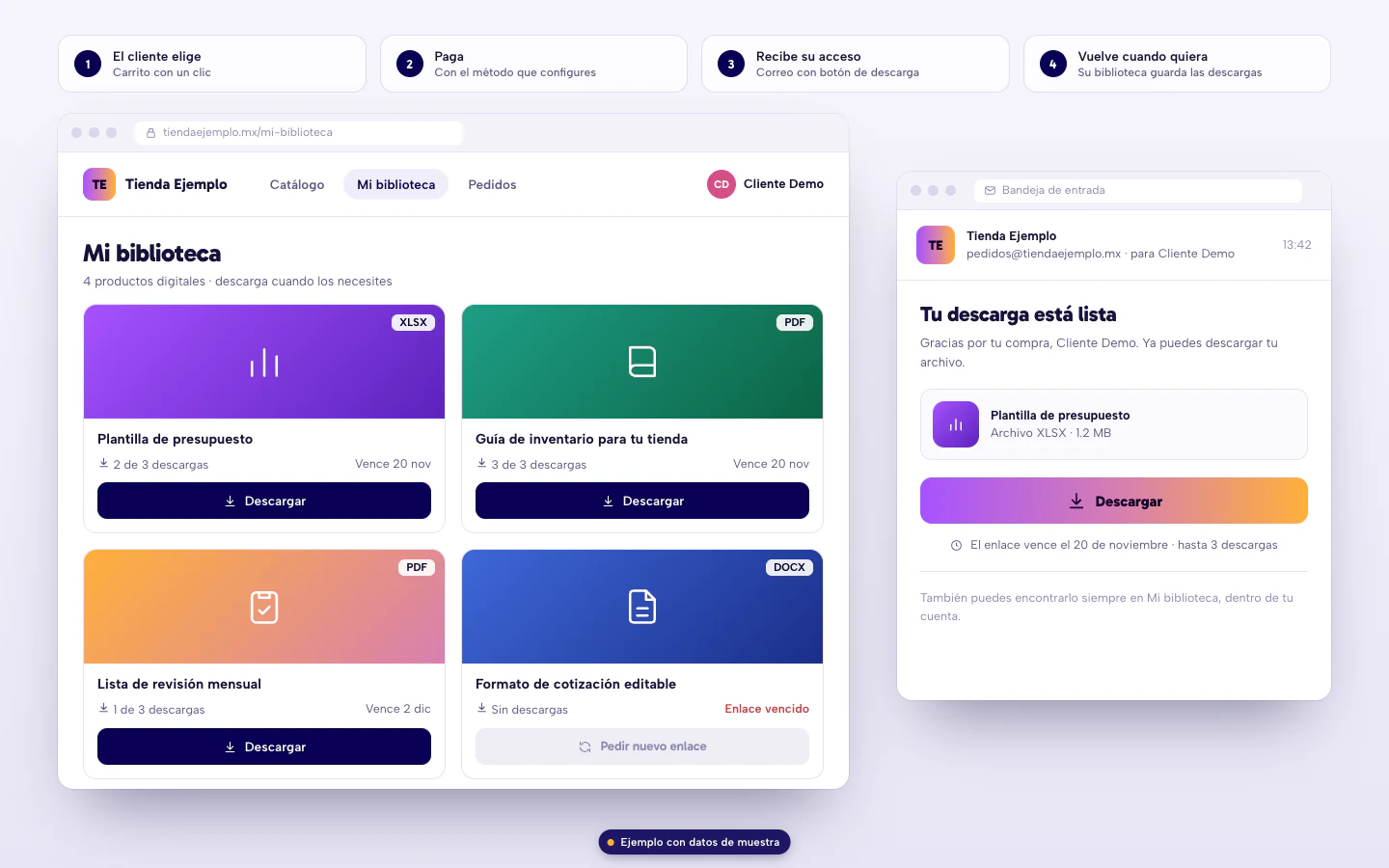 Ejemplo de venta de productos digitales: biblioteca del cliente con descargas restantes y correo con el botón de descarga. Datos de muestra.