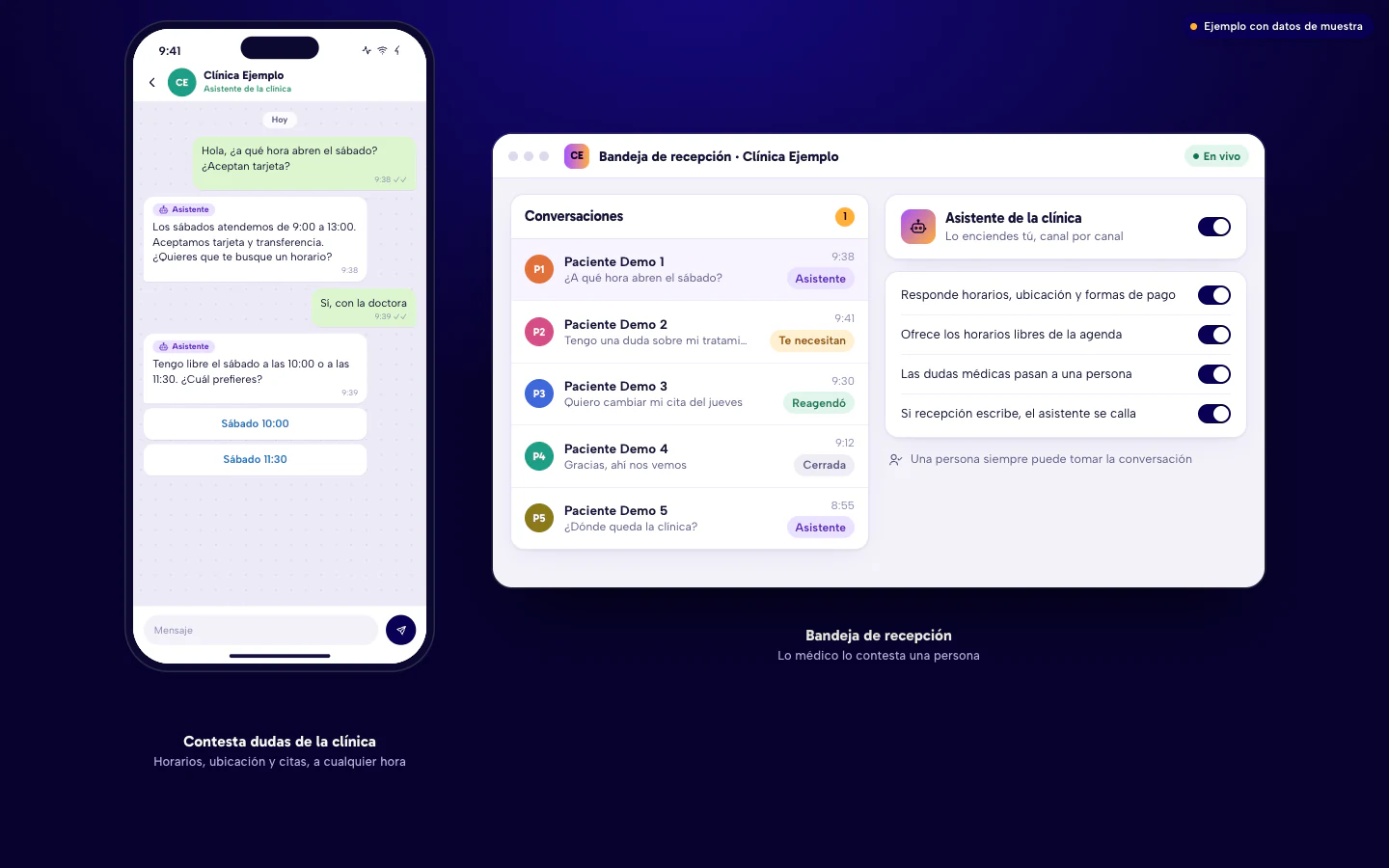 Ejemplo de software para clínicas en Culiacán: un asistente contesta dudas de horarios y formas de pago por WhatsApp, y la bandeja de recepción pasa a una persona las dudas médicas. Paciente Demo, datos de muestra.
