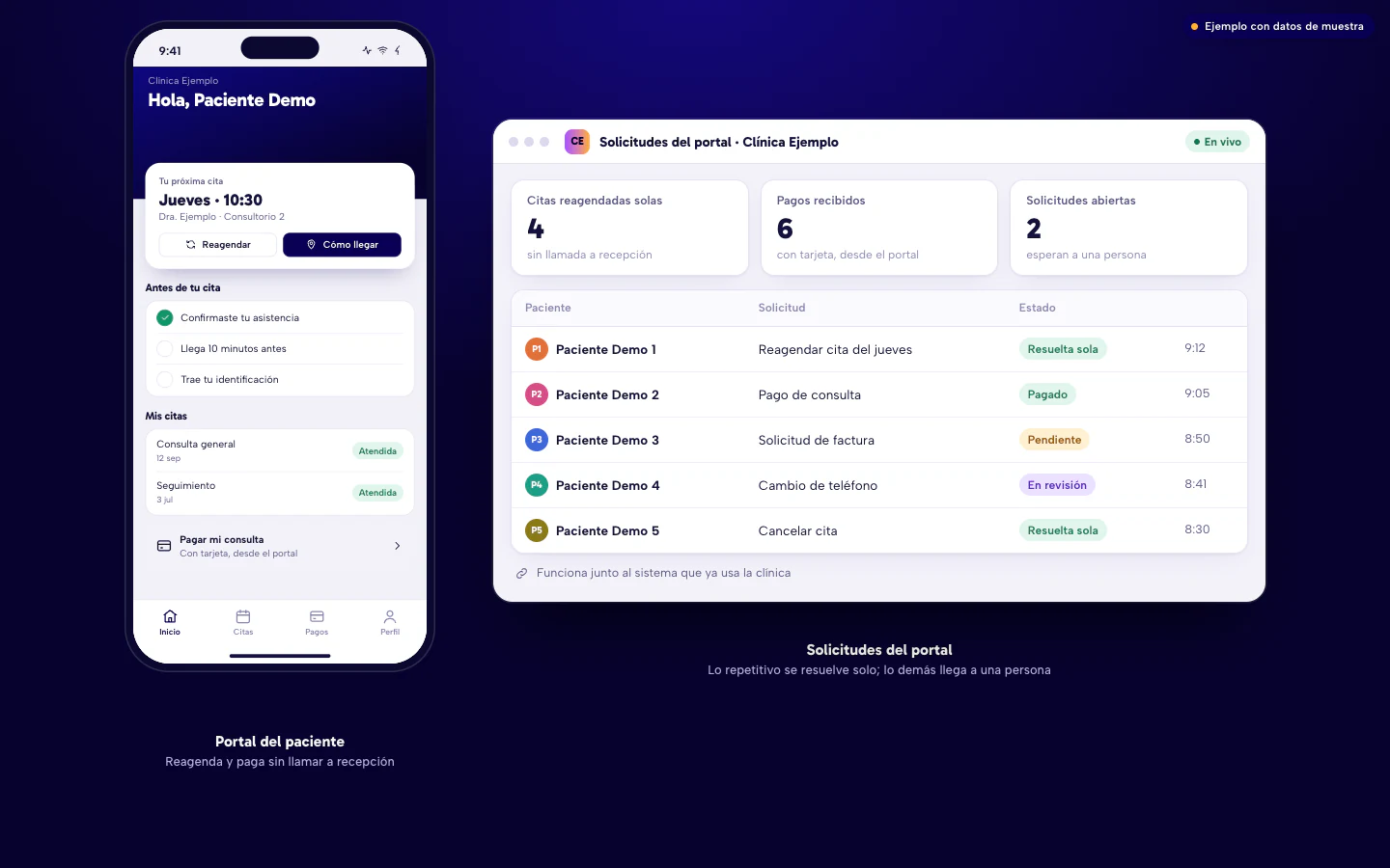 Ejemplo de software para clínicas en Culiacán: portal del paciente con su próxima cita, indicaciones y pago de la consulta, y panel de solicitudes del portal para la clínica. Paciente Demo, datos de muestra.