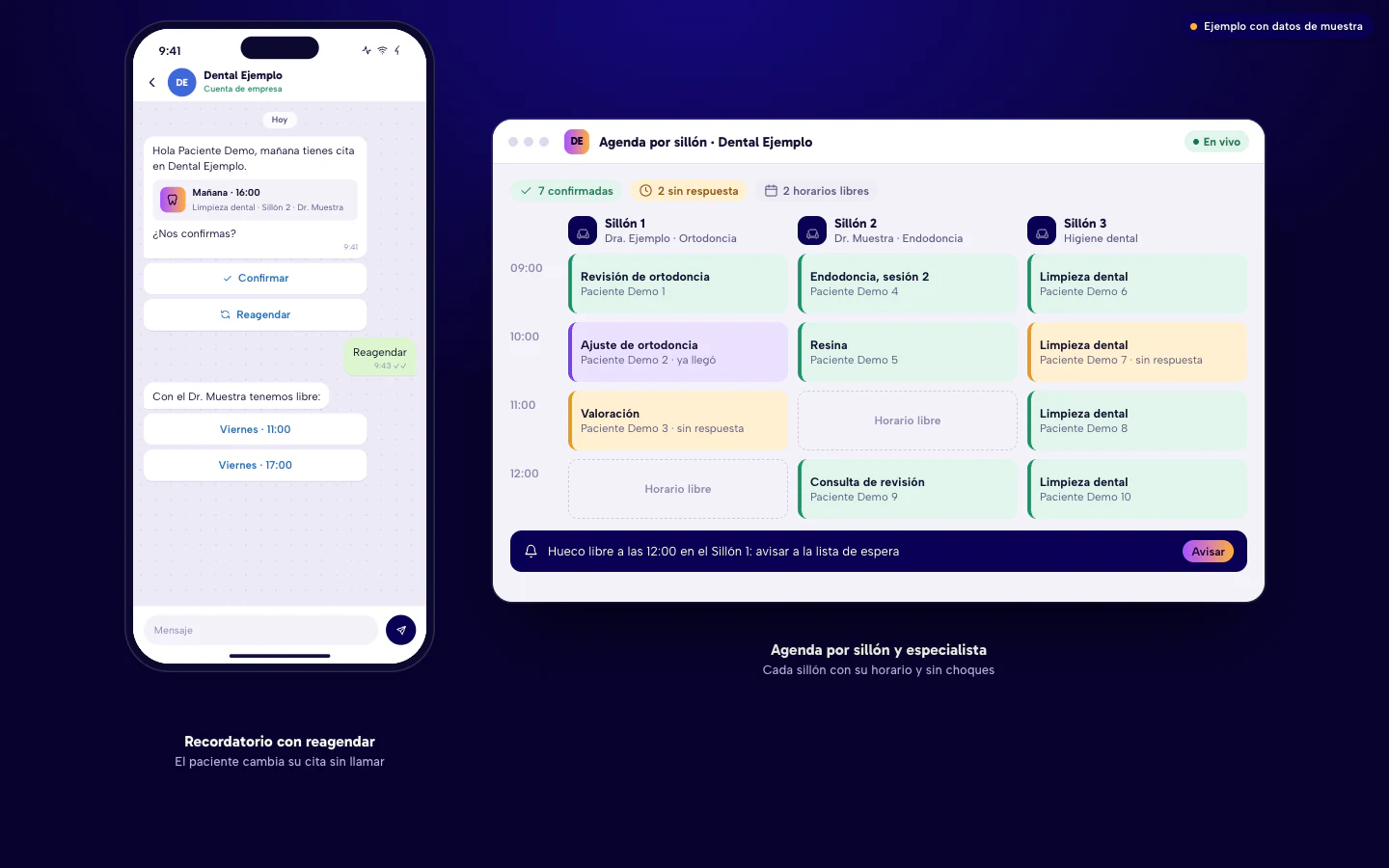 Ejemplo de software para dentistas en Culiacán: recordatorio de cita por WhatsApp con opción de reagendar y agenda por sillón y especialista con huecos libres. Paciente Demo, datos de muestra.