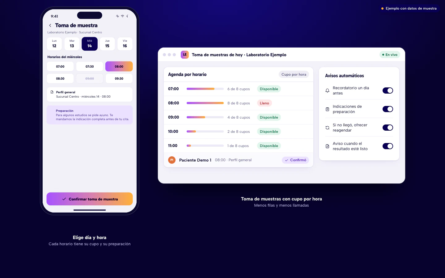 Ejemplo de software para laboratorios en Culiacán: el paciente elige día y hora de su toma de muestra, y el laboratorio ve la agenda por horario con cupos y avisos automáticos. Paciente Demo, datos de muestra.