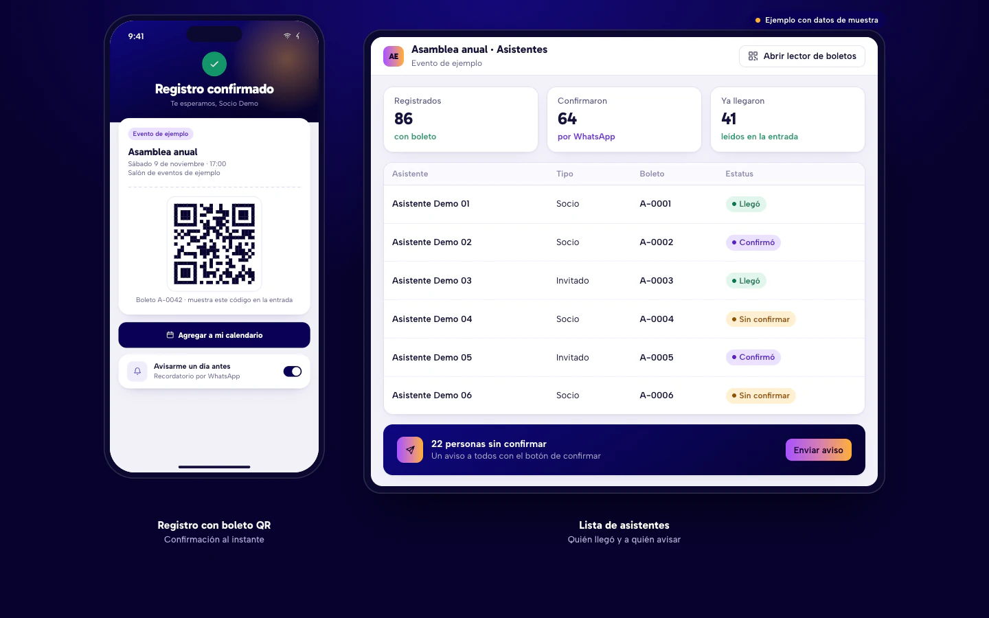 Ejemplo de software para asociaciones civiles en Culiacán: registro a un evento con boleto QR en el celular y lista de asistentes con aviso por WhatsApp. Datos de muestra.