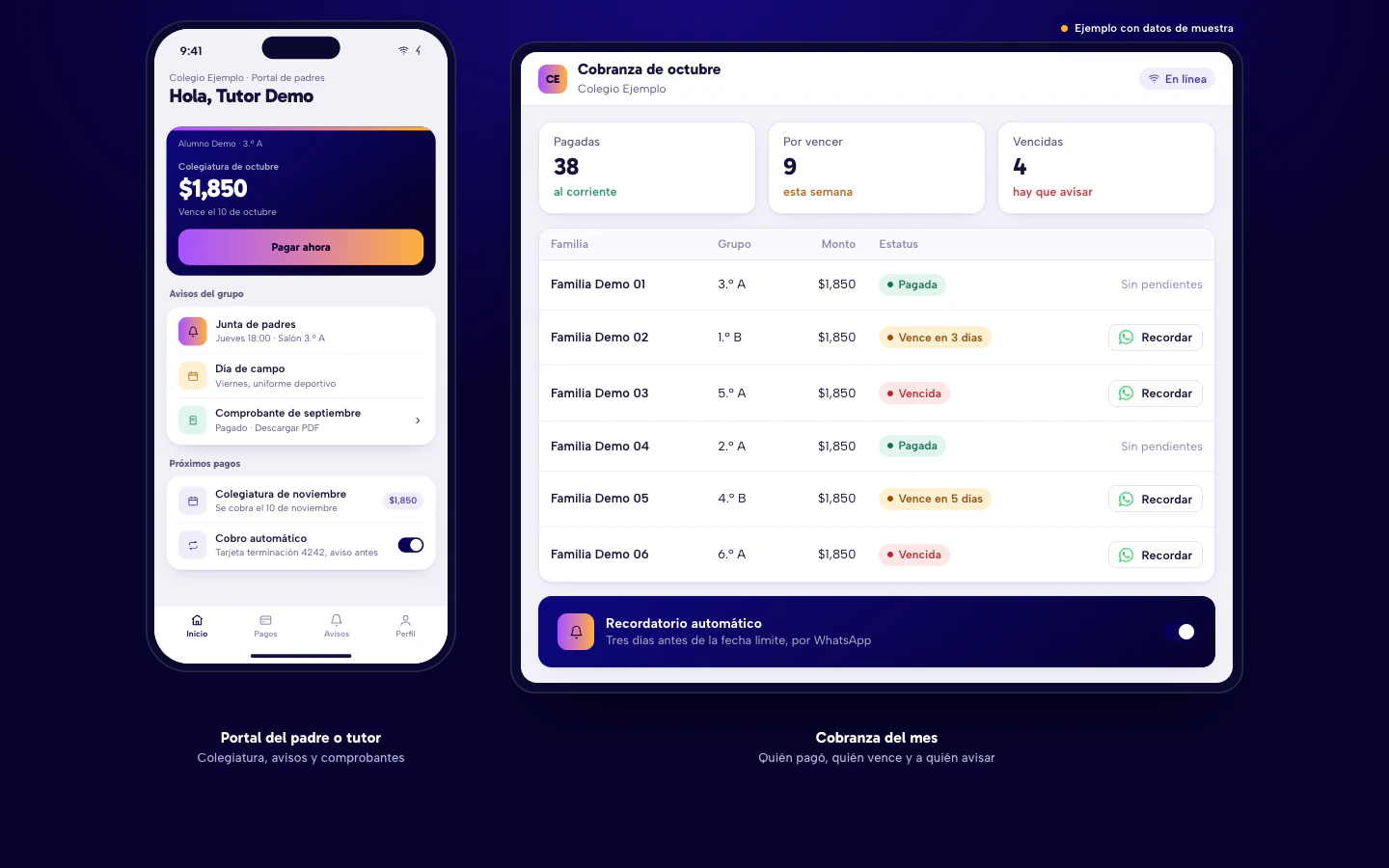 Ejemplo de software para escuelas en Culiacán: portal de padres con colegiatura, avisos y comprobantes en el celular, y panel de cobranza por familia. Datos de muestra, alumno de ejemplo.