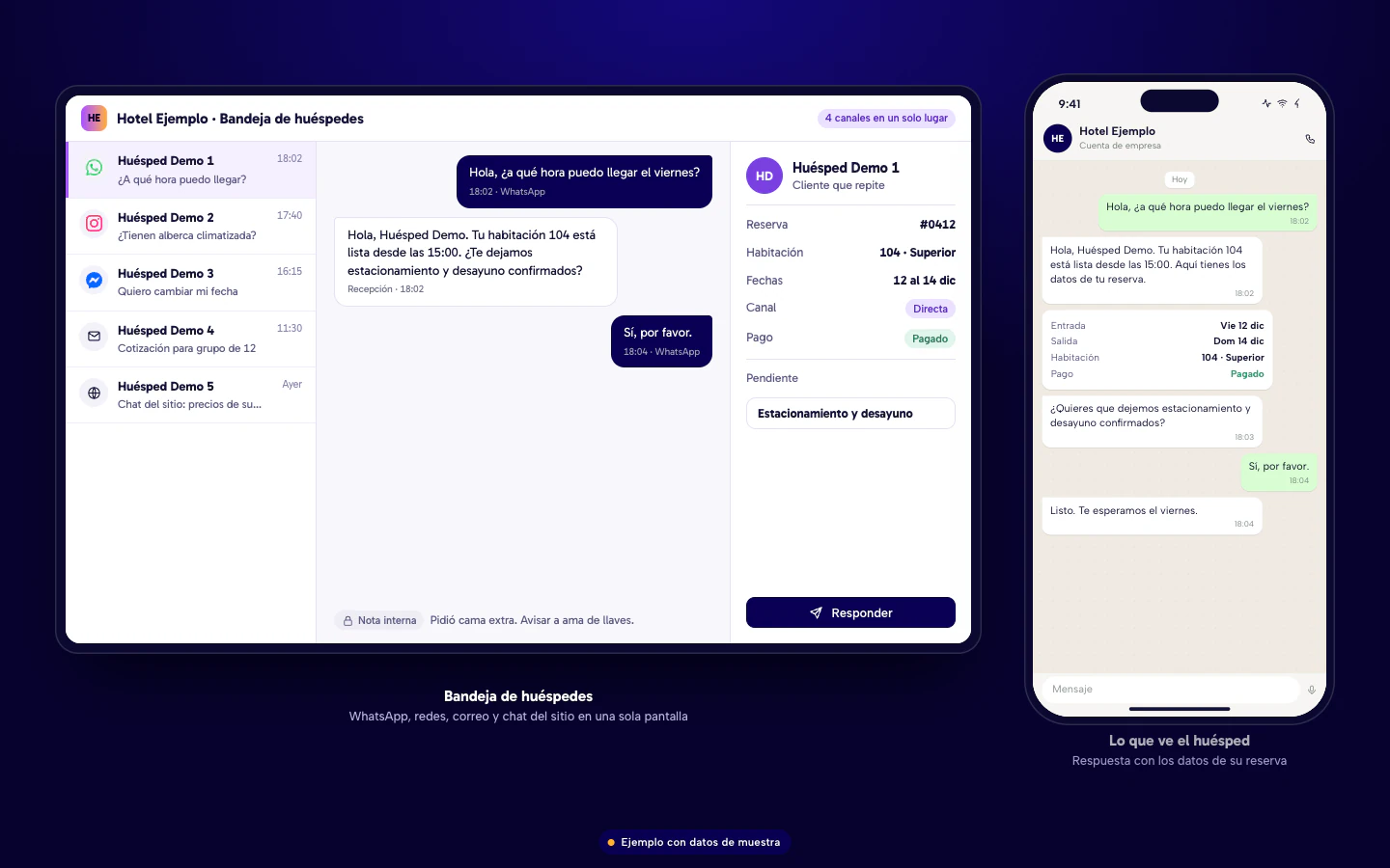 Ejemplo de software para hoteles en Culiacán: bandeja única con mensajes de WhatsApp, Instagram, Messenger, correo y chat del sitio, y la respuesta que recibe el huésped. Datos de muestra.