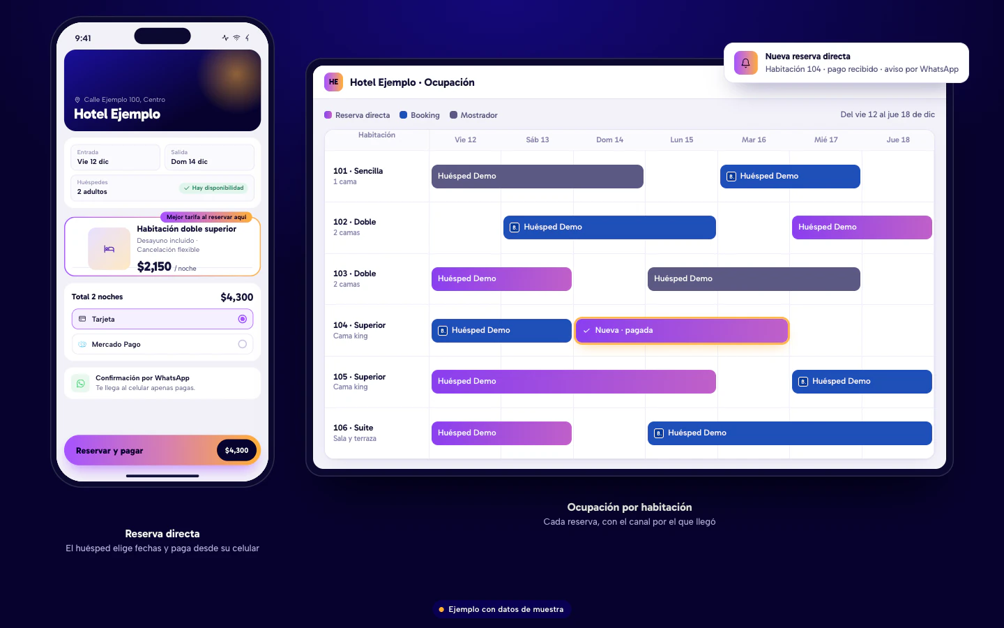 Ejemplo de software para hoteles en Culiacán: reserva directa con pago en el celular del huésped y calendario de ocupación por habitación con el canal de cada reserva. Datos de muestra.