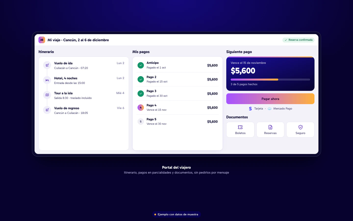 Ejemplo de software para agencias de viajes en Culiacán: portal del viajero con itinerario, pagos en parcialidades, próximo pago y documentos. Datos de muestra.