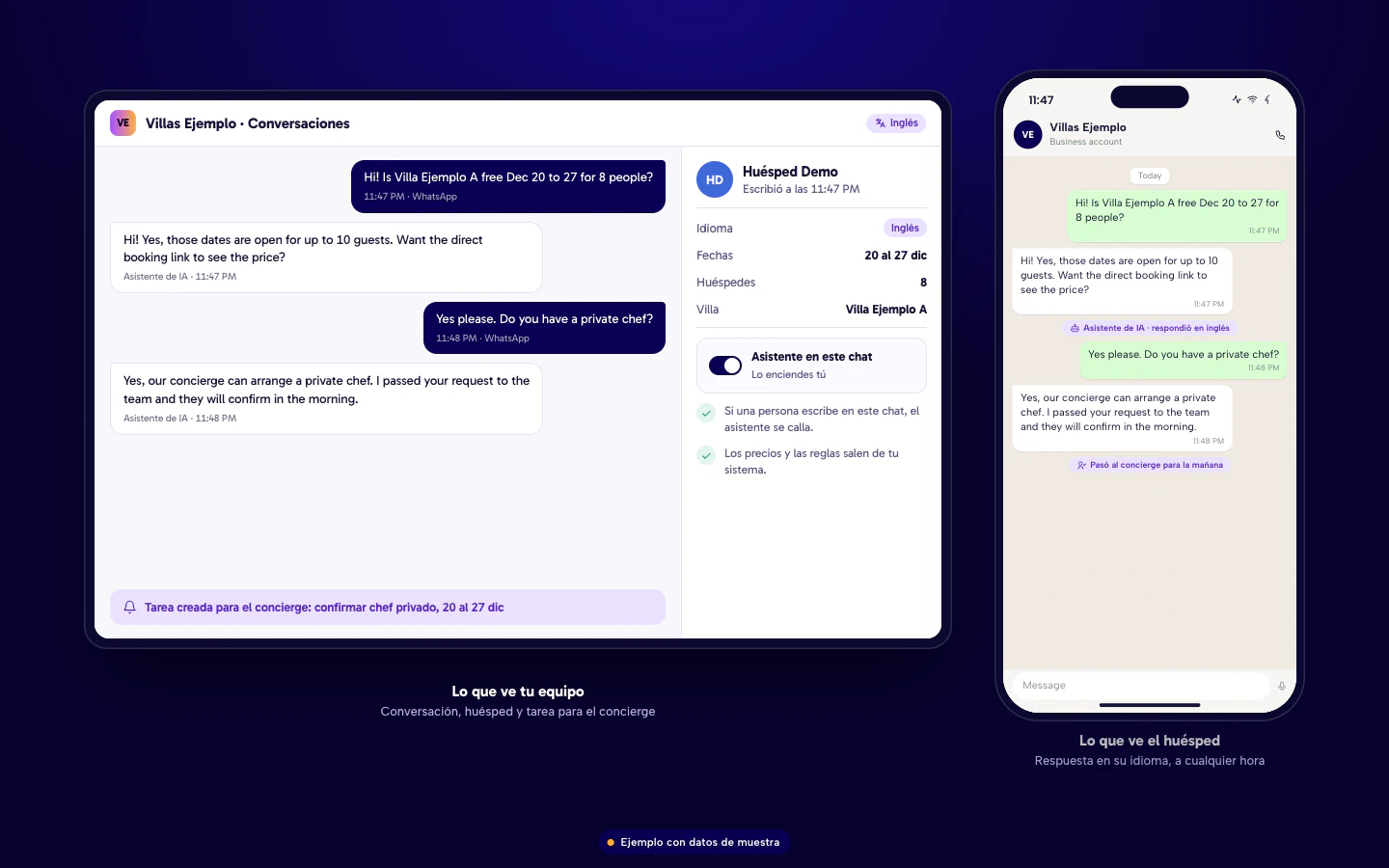 Ejemplo de software para rentas vacacionales en Culiacán: conversación de WhatsApp en inglés atendida a medianoche, con ficha del huésped y tarea para el concierge. Datos de muestra.