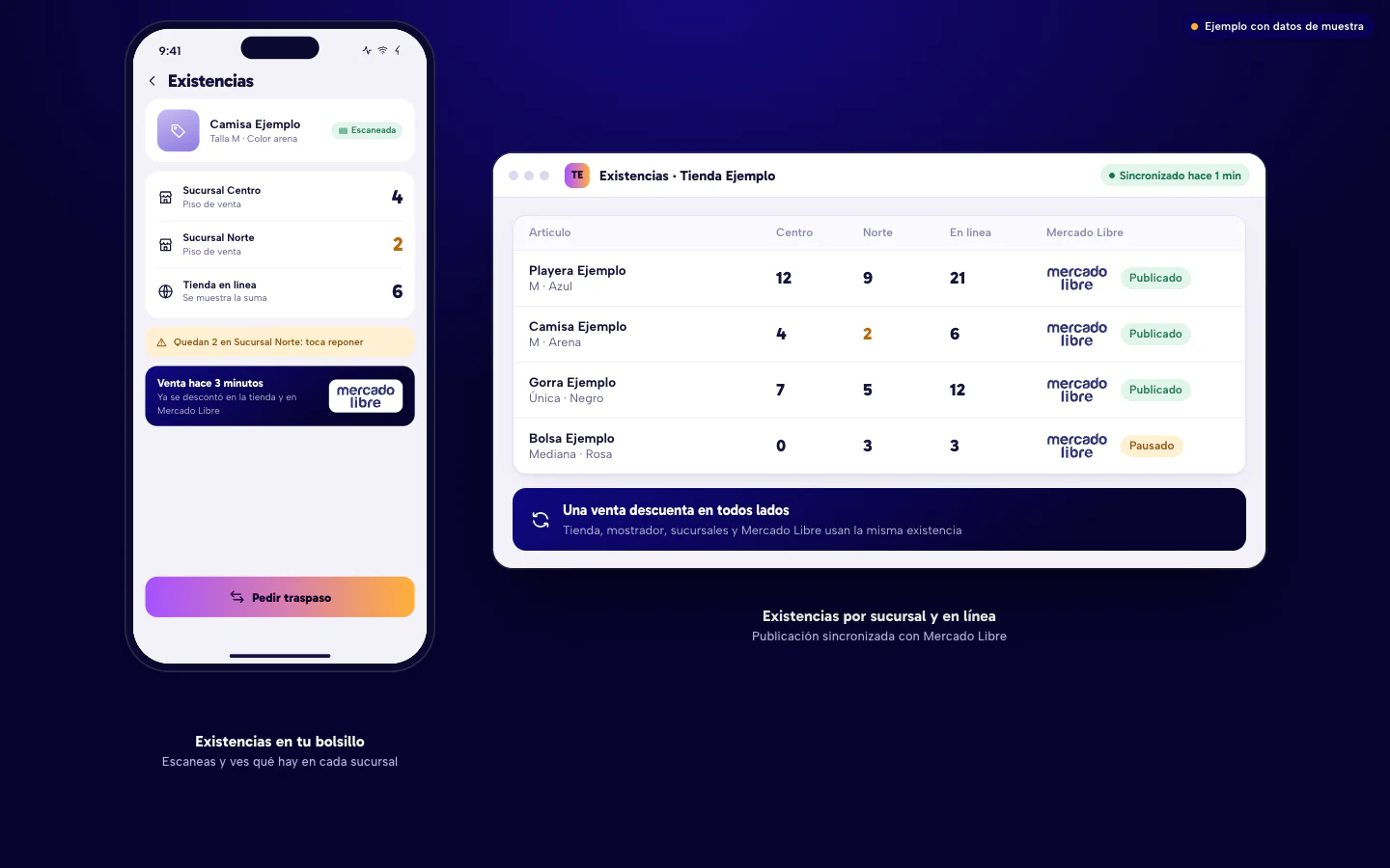 Ejemplo de software para tiendas de ropa en Culiacán: existencias por sucursal en el celular y tabla con tienda en línea y publicación sincronizada con Mercado Libre. Datos de muestra.
