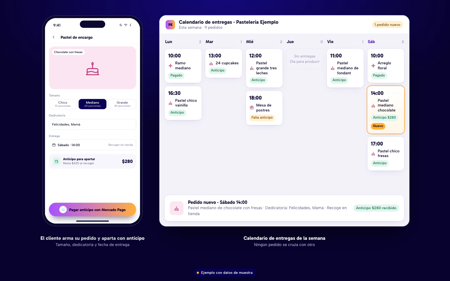 Ejemplo de software para pastelerías en Culiacán: pedido por encargo con anticipo en el celular del cliente y calendario semanal de entregas. Datos de muestra.