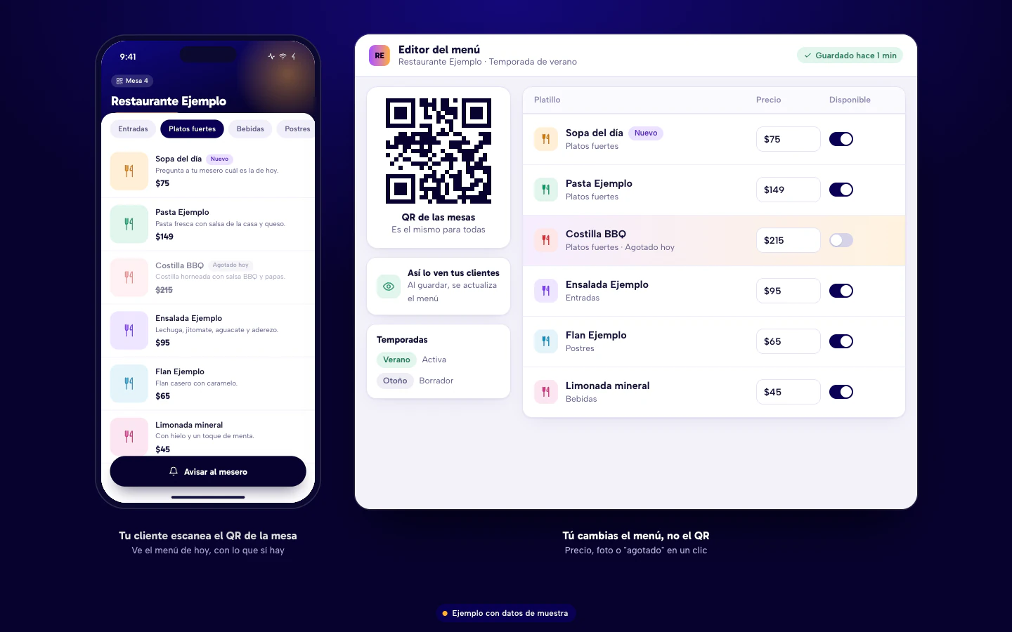 Ejemplo de software para restaurantes en Culiacán: menú QR en el celular del cliente y editor del menú donde el dueño cambia precios y marca platillos agotados. Datos de muestra.
