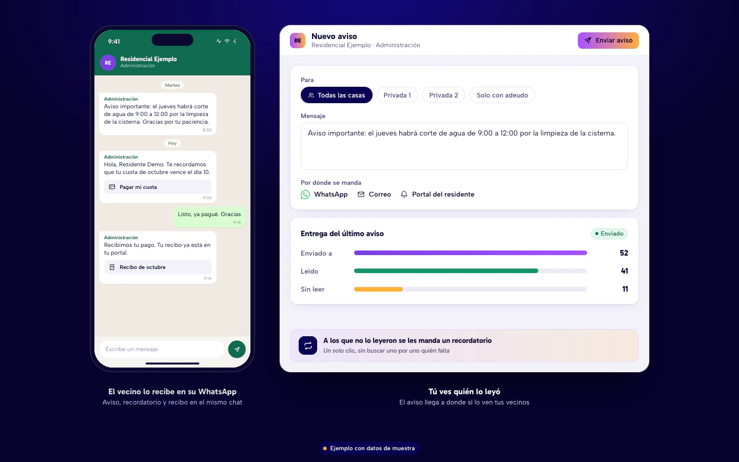 Ejemplo de software para condominios en Culiacán: un aviso por WhatsApp en el celular del vecino y el panel para redactar el aviso y ver quién lo leyó. Datos de muestra.