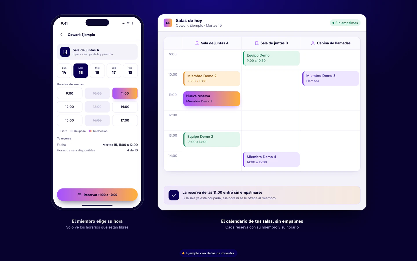Ejemplo de software para coworking en Culiacán: la reserva de una sala en el celular del miembro y el calendario de salas del día sin empalmes. Datos de muestra.