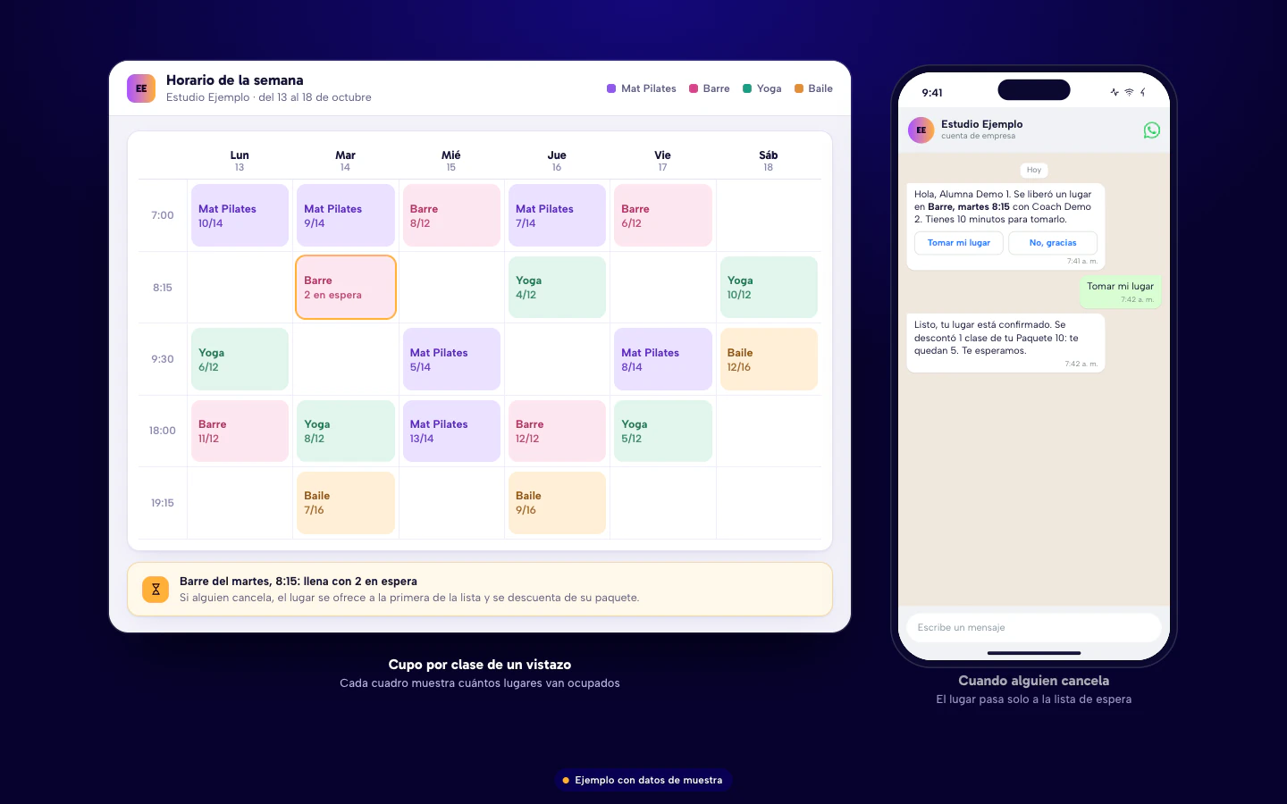 Ejemplo de software para estudios de yoga y pilates en Culiacán: horario semanal por tipo de clase con cupo y aviso cuando se libera un lugar. Datos de muestra.