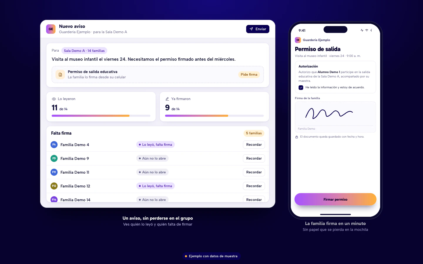 Ejemplo de software para guarderías en Culiacán: aviso a una sala con permiso de salida que la familia firma desde el celular. Datos de muestra.