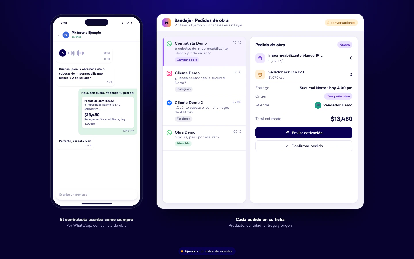 Ejemplo de software para pinturerías en Culiacán: bandeja de mensajes con un pedido de obra por WhatsApp y su ficha con producto, cantidad y sucursal de entrega. Datos de muestra.