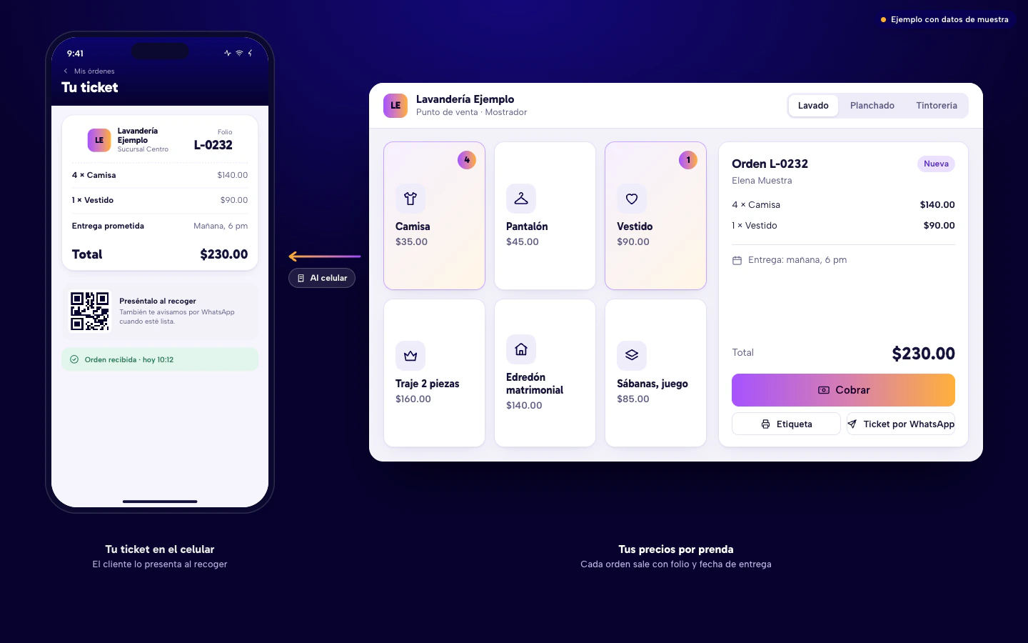 Ejemplo de software para lavanderías en Culiacán: punto de venta con precios por prenda y ticket con folio en el celular del cliente. Datos de muestra.